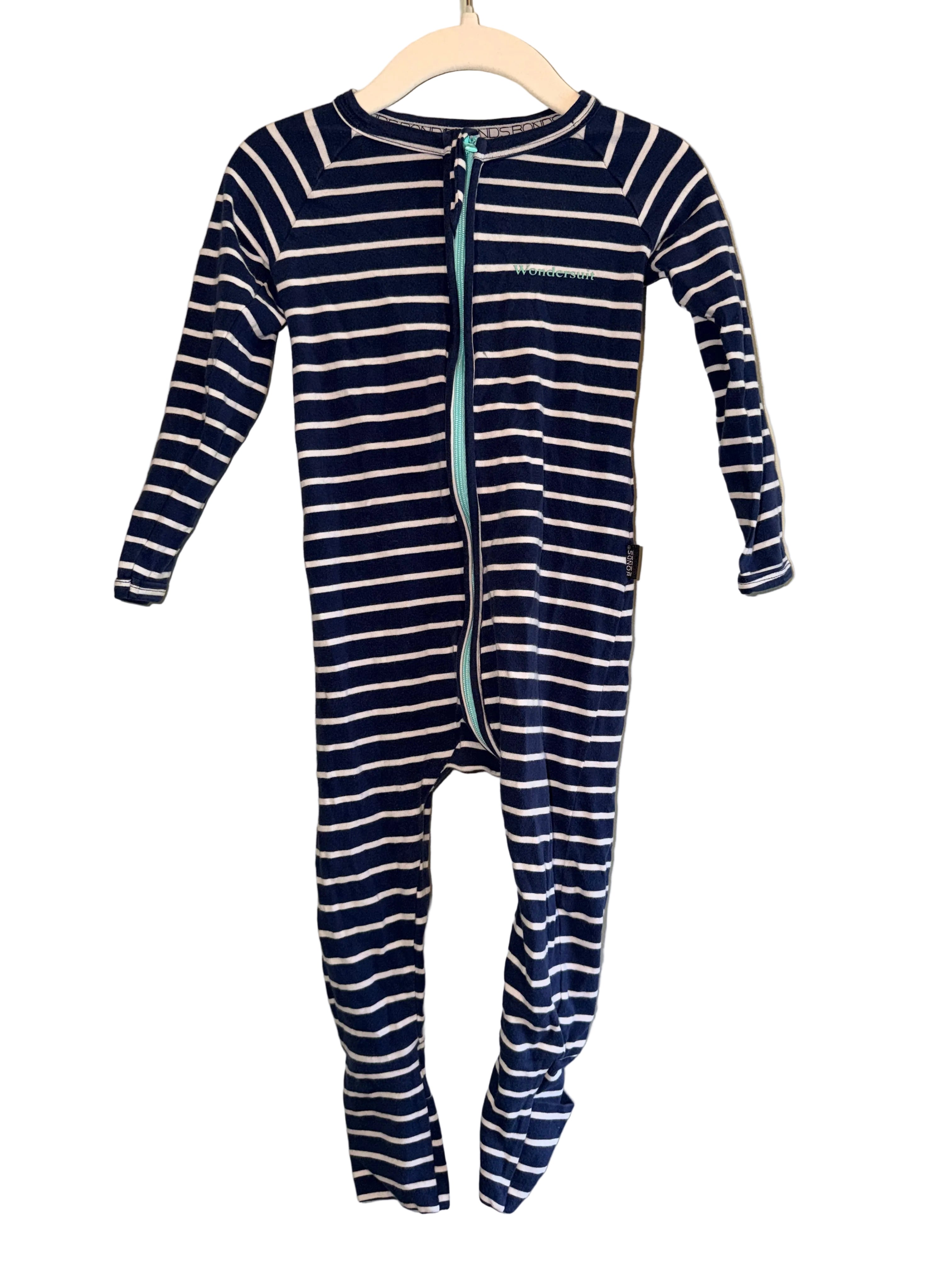 Bonds – Navy Stripe Wondersuit Zip Romper – Size 1  (12–18 Months)