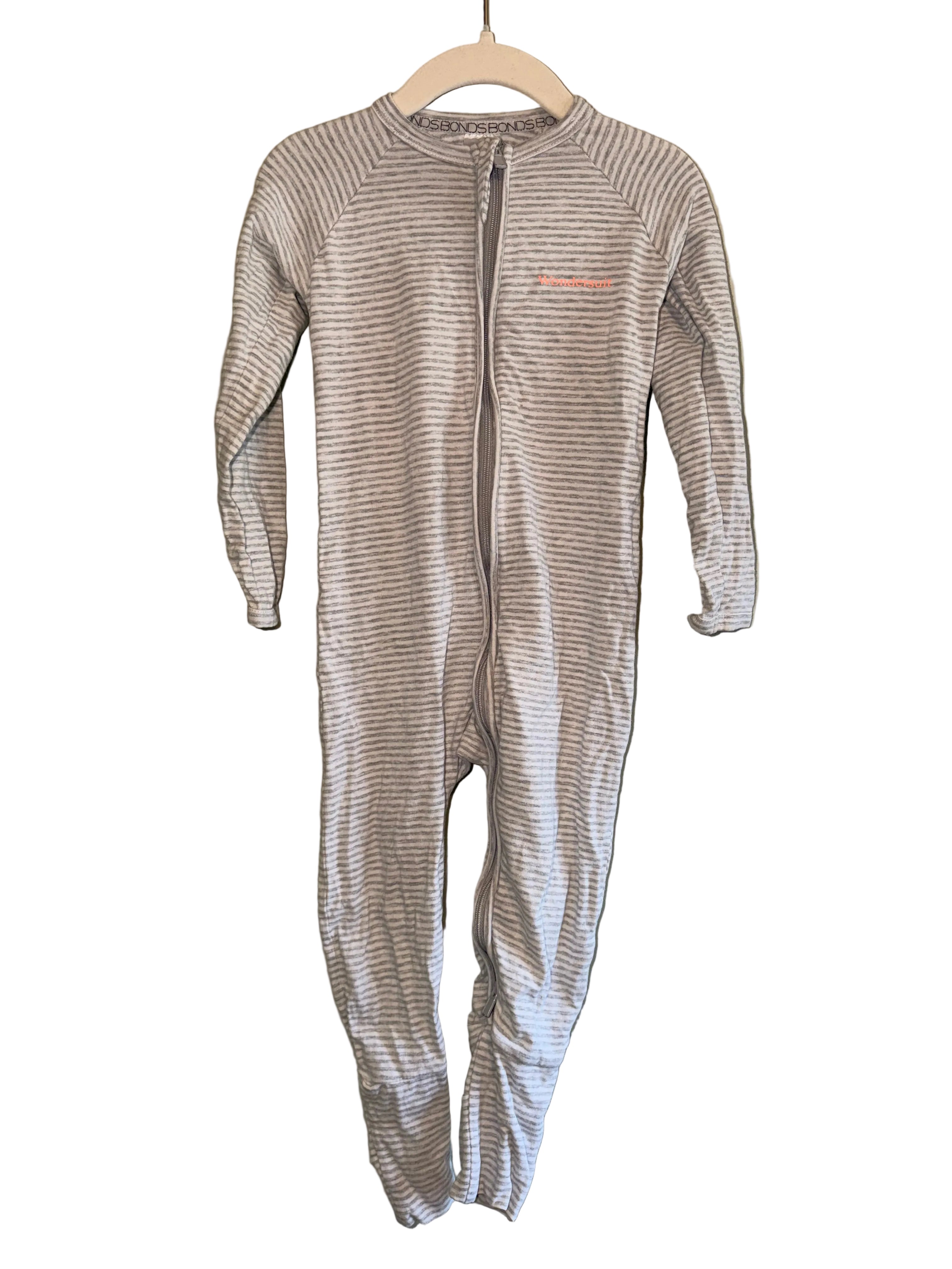 Bonds – Grey & White Stripe Wondersuit Zip Romper – Size 2 (18–24 Months)