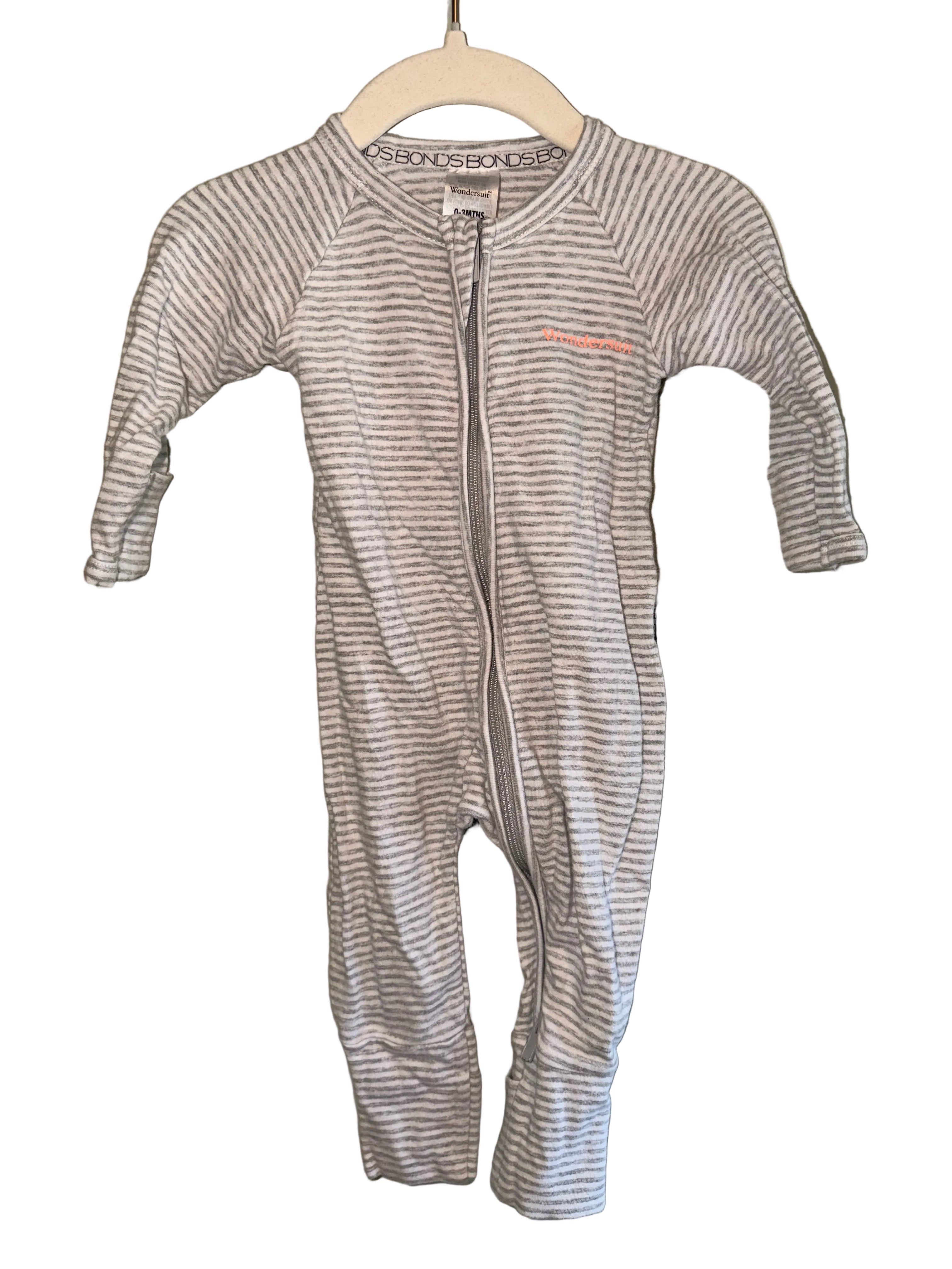 Bonds – Grey Stripe Wondersuit Zip Romper – Size 000 (0–3 Months)