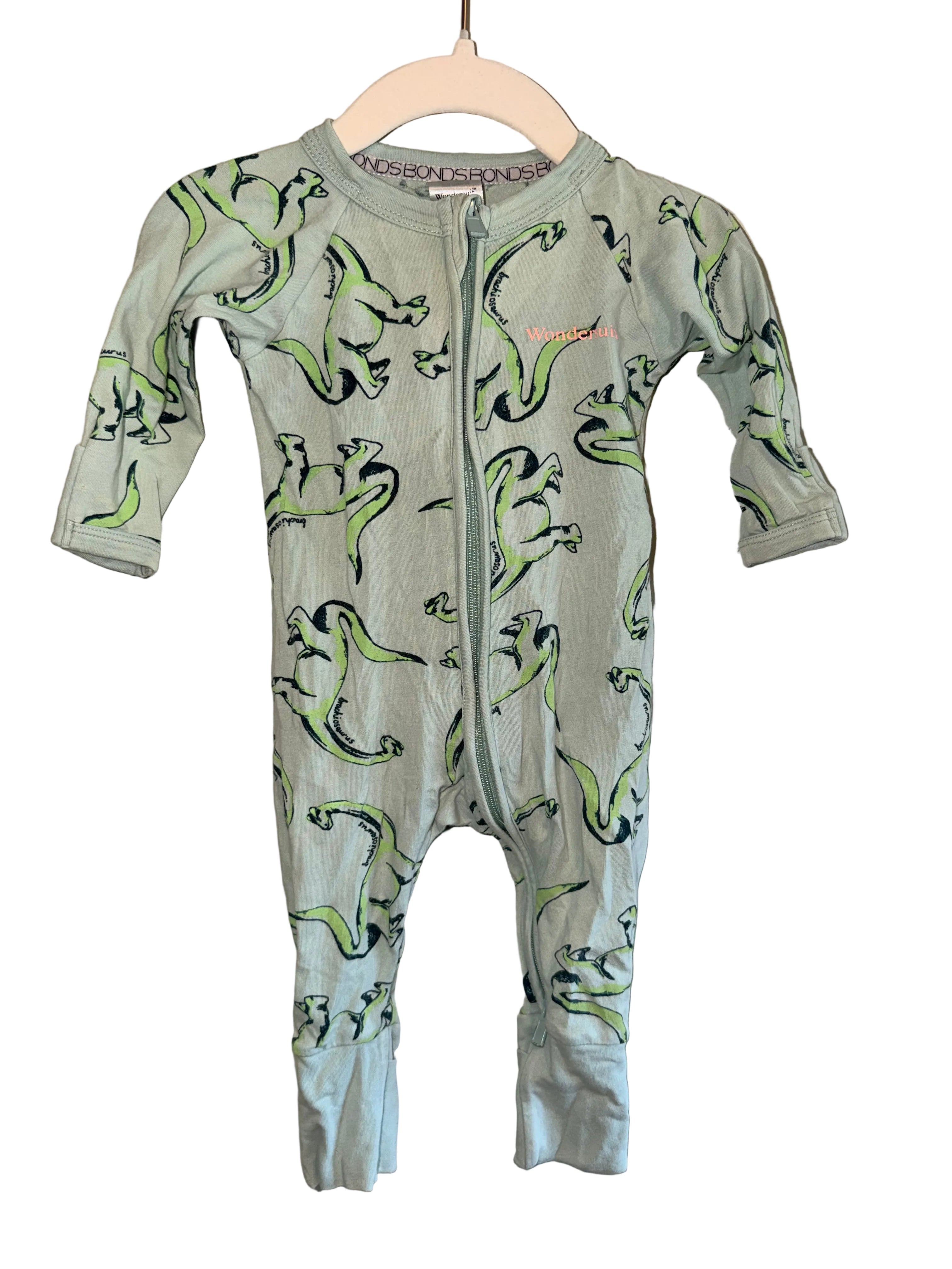 Bonds Wondersuit – Mint Dinosaur Zip Romper – Size 000 (0–3 months)