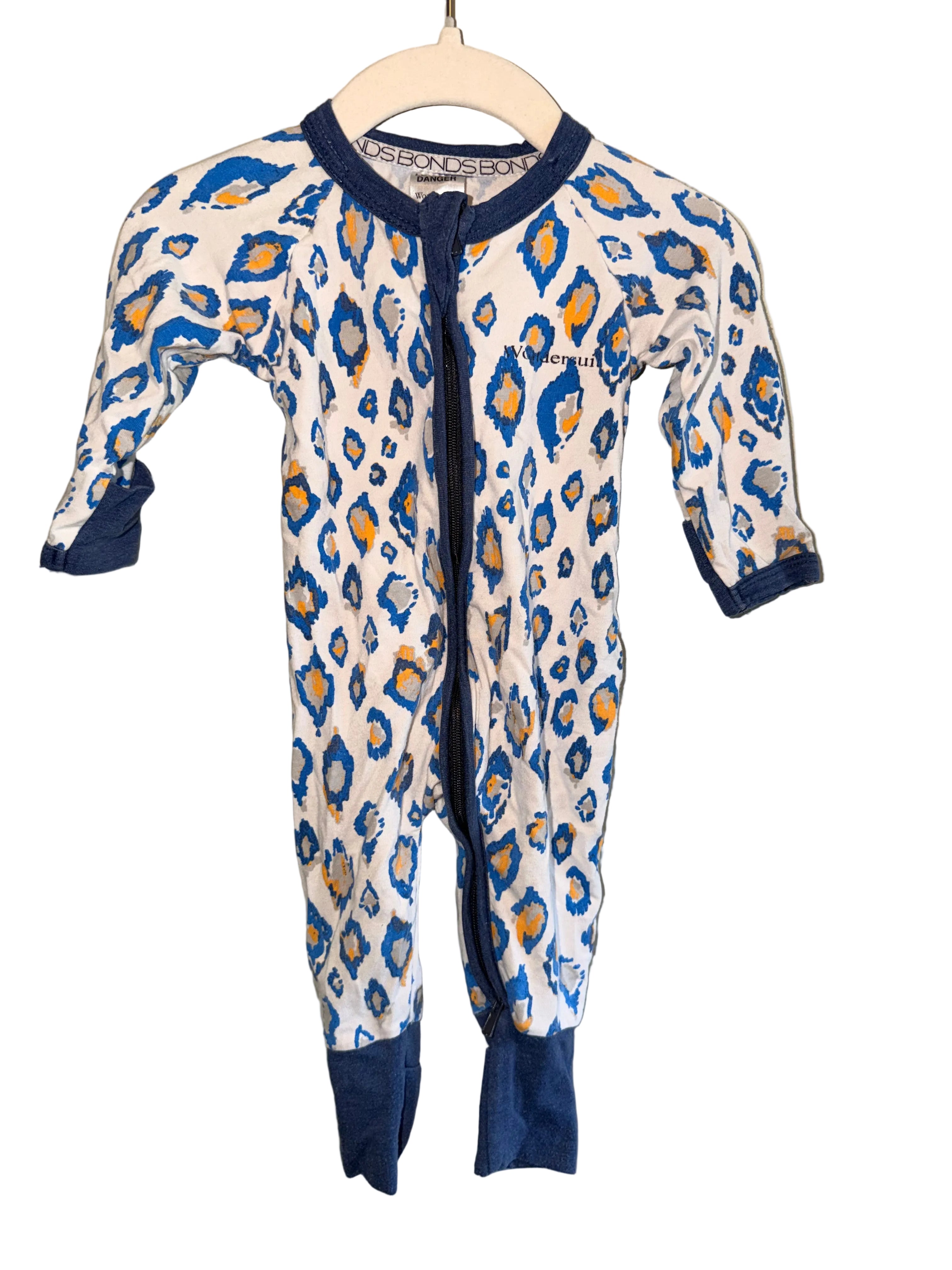 Bonds Wondersuit – Blue Leopard Print Zip Sleeper – Size 000 (0–3 Months)