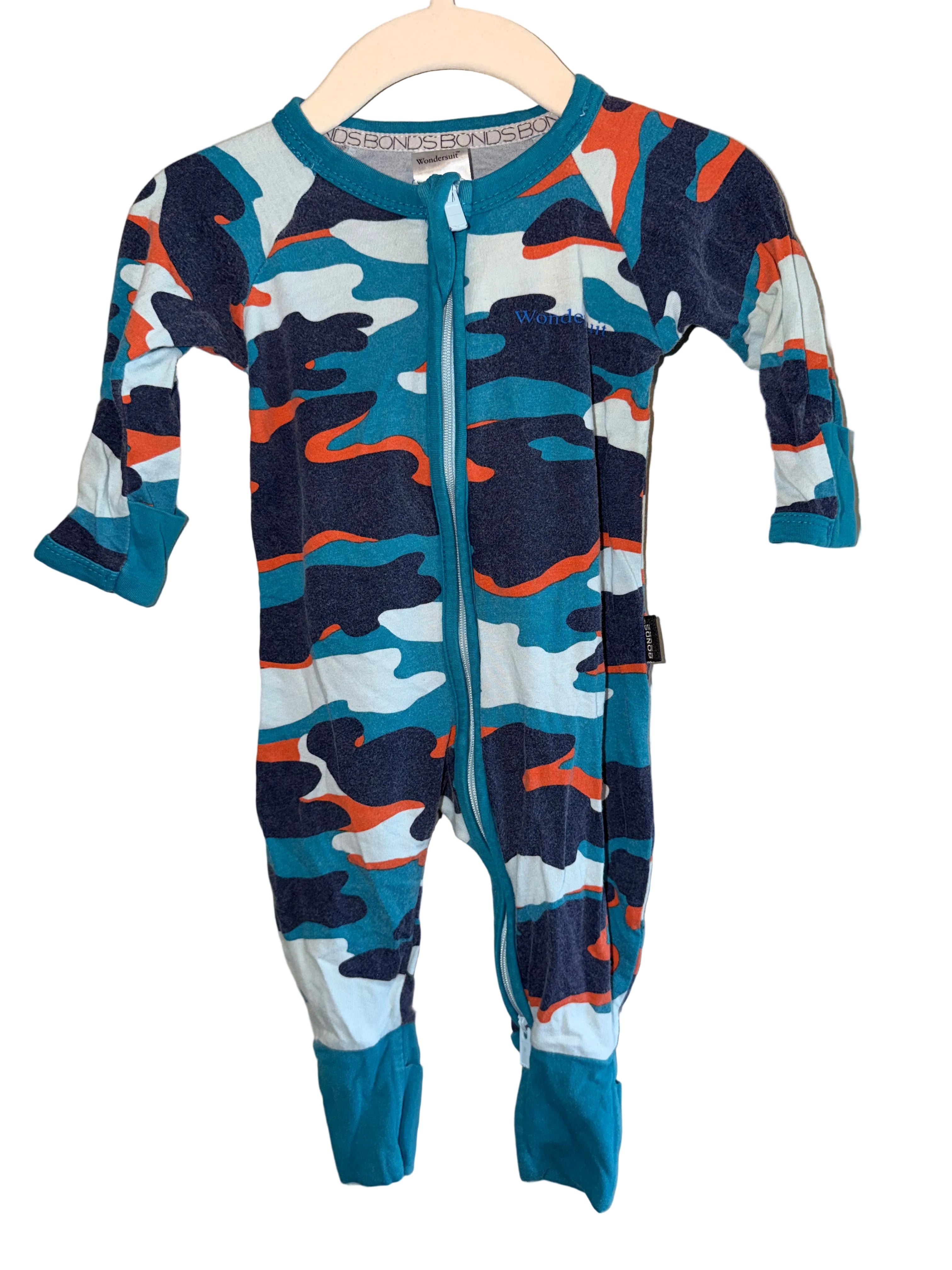 Bonds Wondersuit – Blue/Teal Camo Zip Sleeper – Size 000 (0–3 Months)