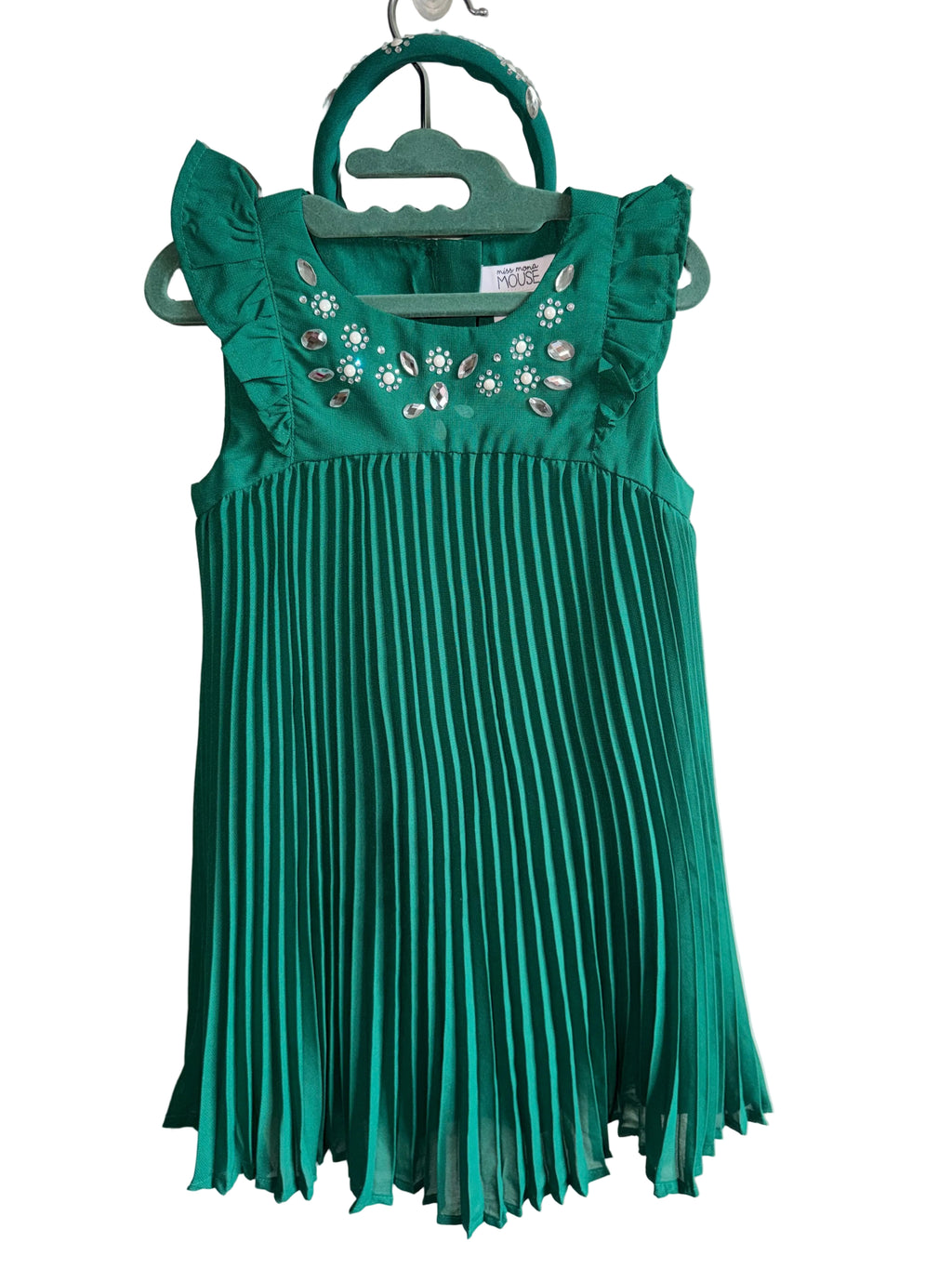 Emerald Green Pleated Dress & Matching Headband - 4T