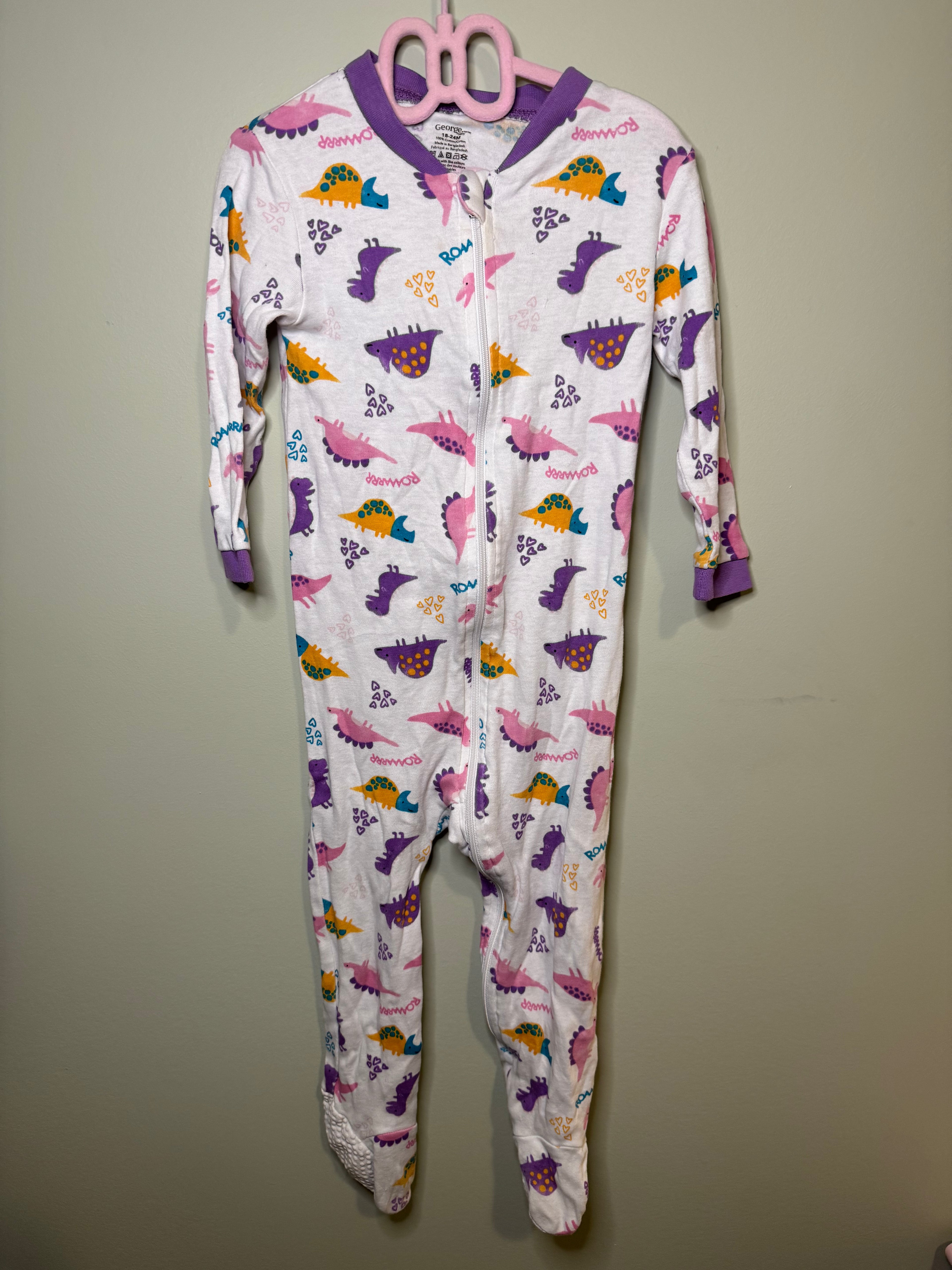 George 18–24M Zipper Sleeper – White with Dinosaur Pattern