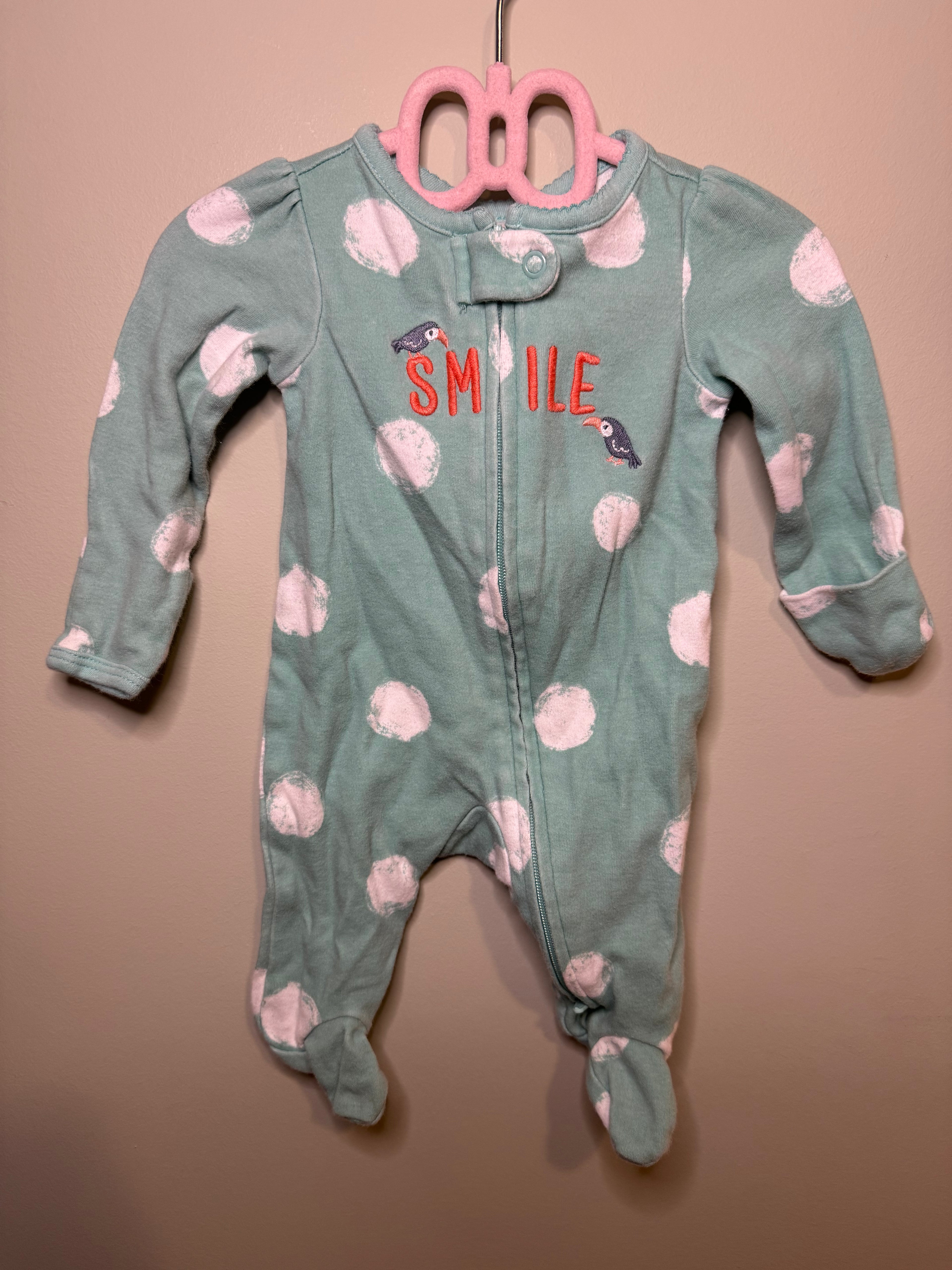 Carter’s Newborn Sleeper – Blue with White Dots – “Smile” – Fold-Over Hands & Zipper