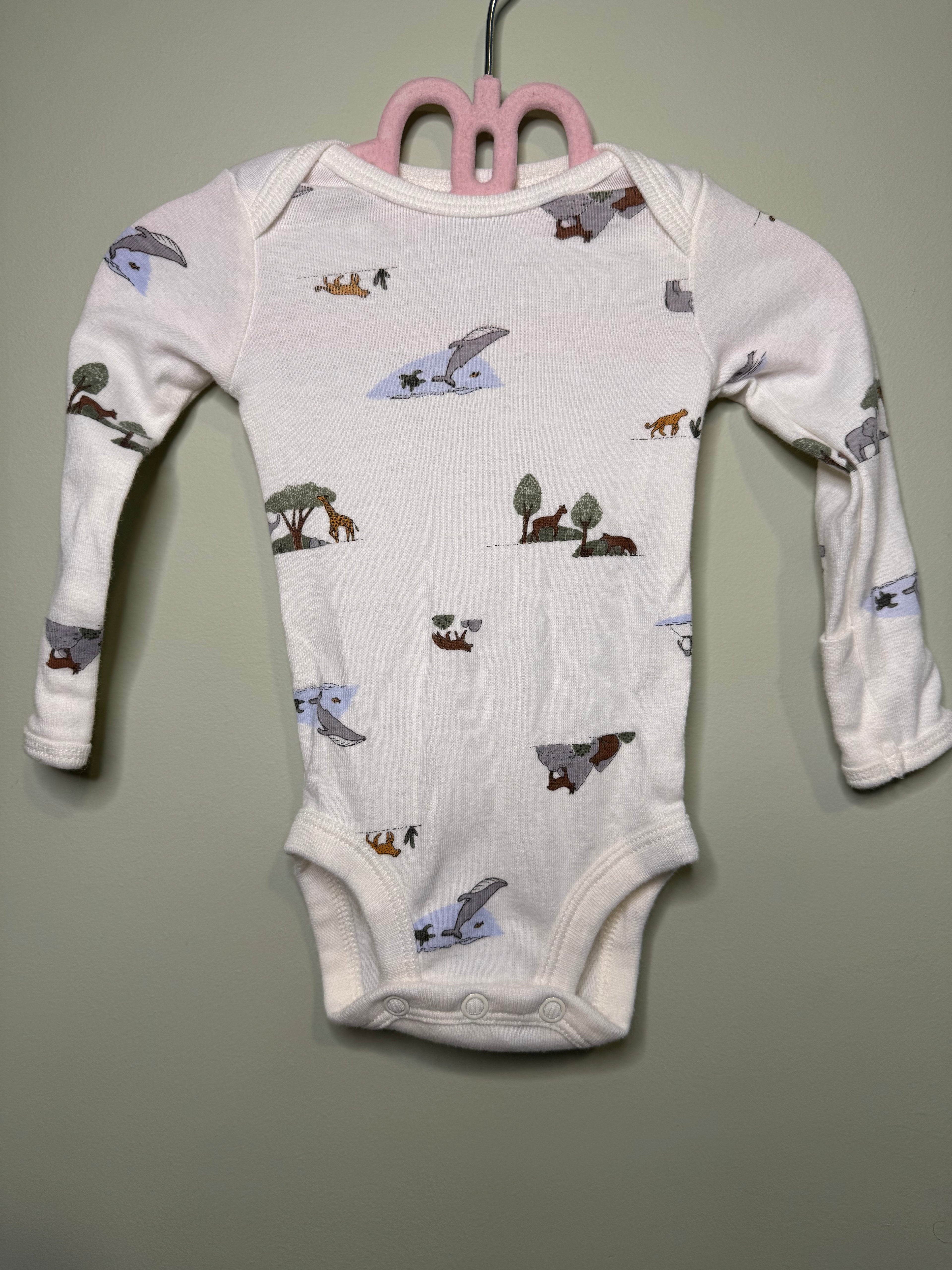 Carter’s Newborn Long Sleeve Onesie – White with Animal Print – Fold-Over Hands