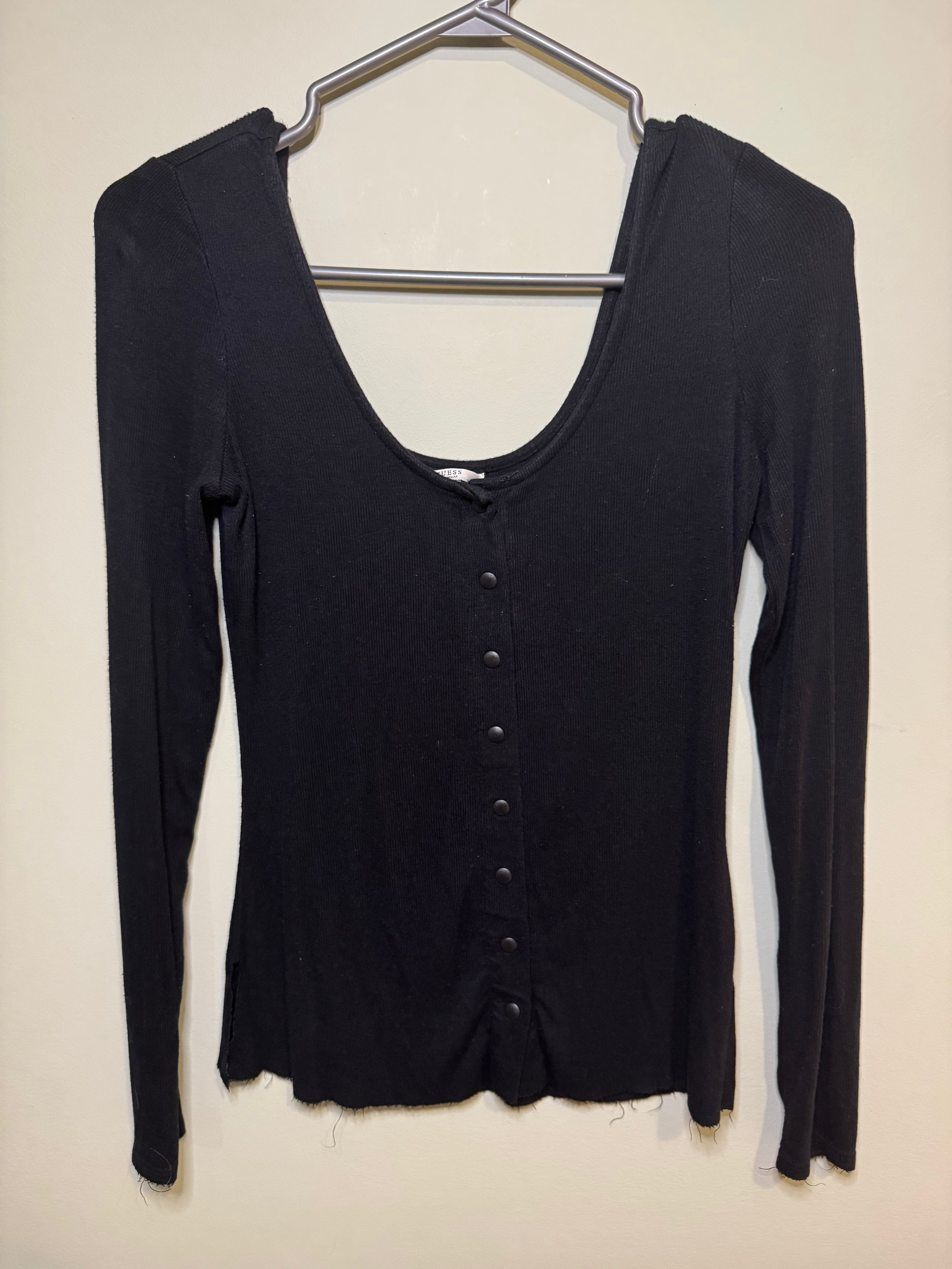 Guess Women’s Black Ribbed Button-Up Long Sleeve Shirt – Size XS