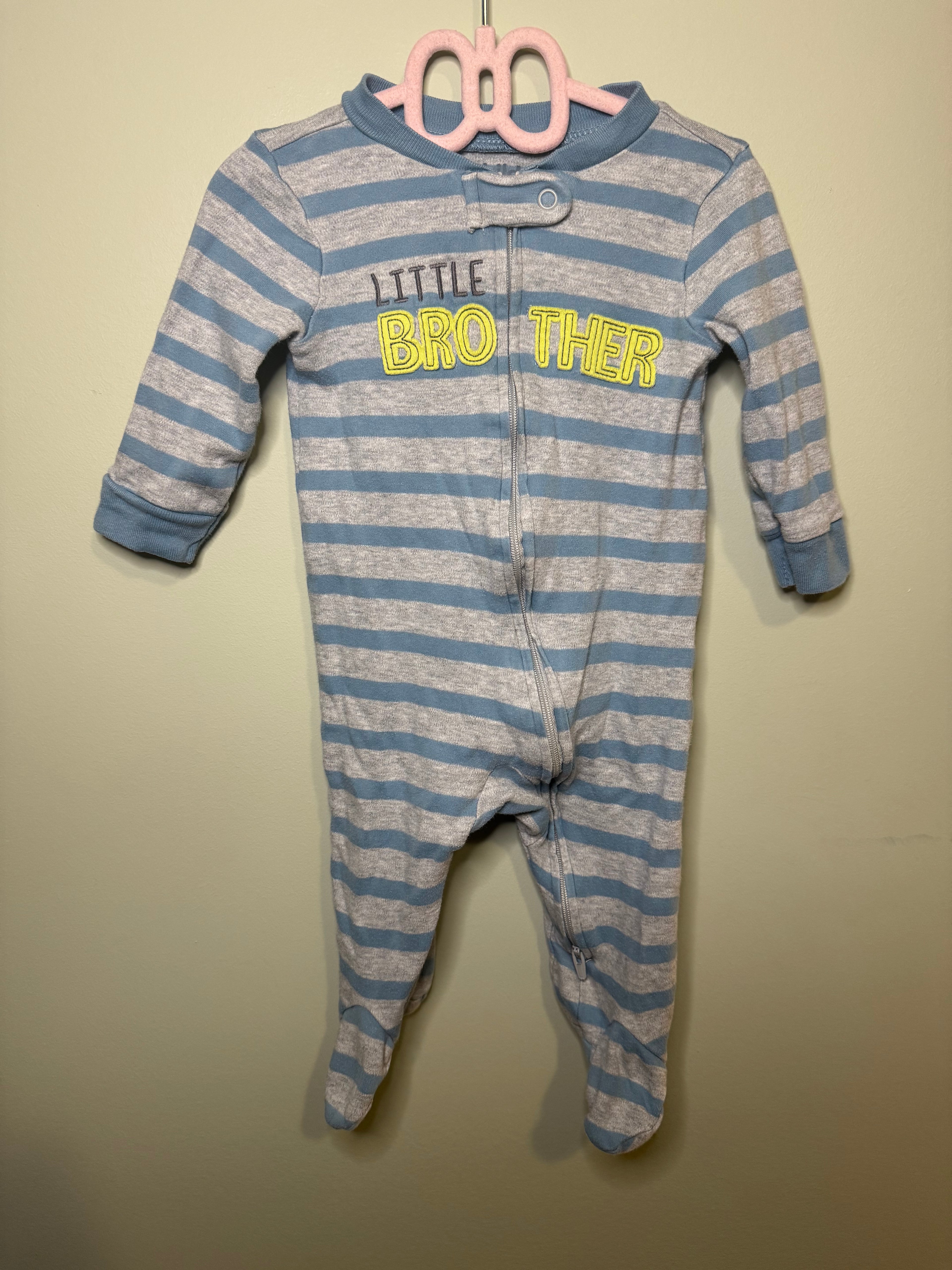 Carter’s Zipper Sleeper – 3–6 Months (Blue & Grey Striped, “Little Brother”)