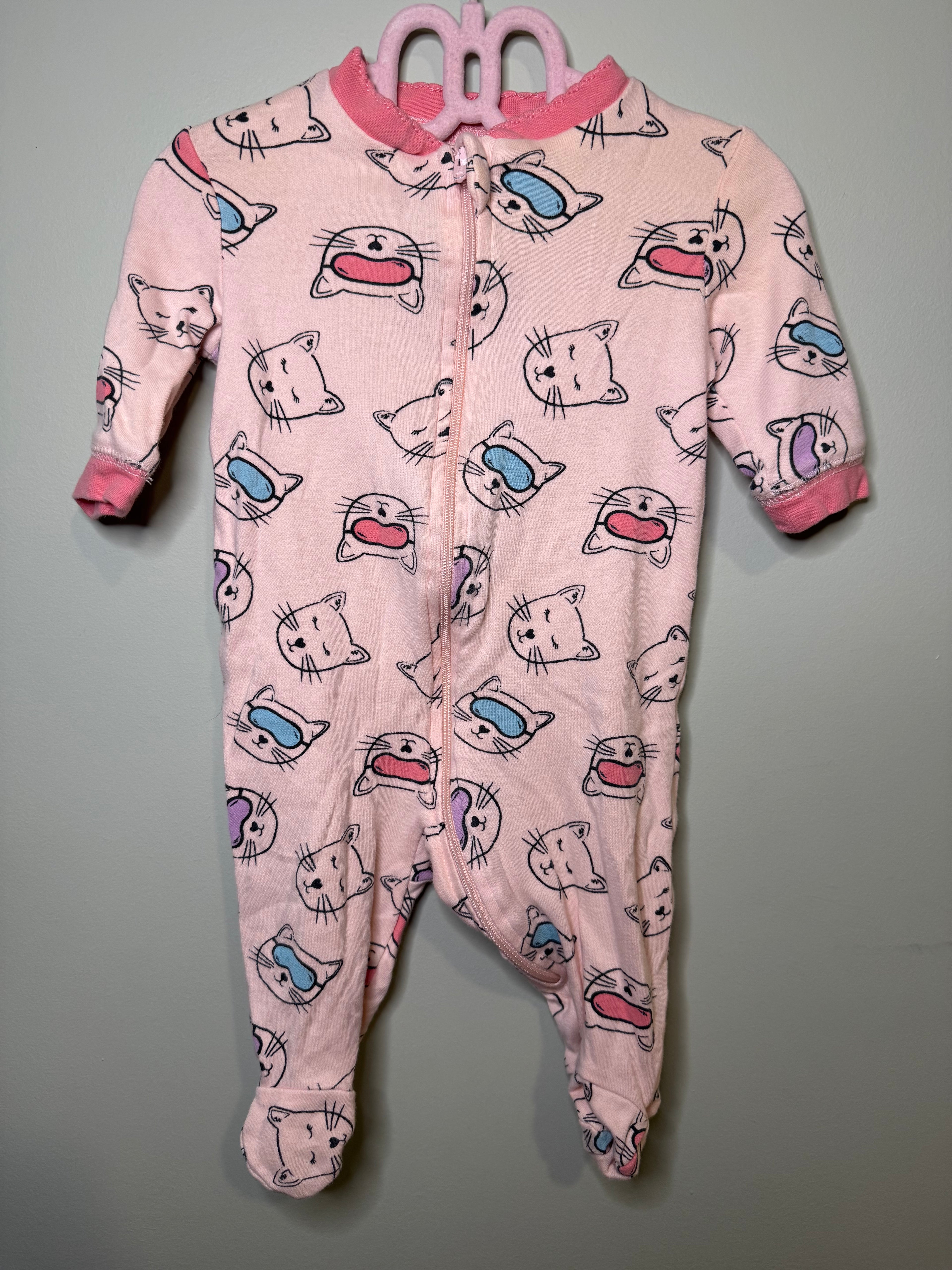 George Footed Zipper Onesie – 0–3 Months, Pink with Cat Pattern