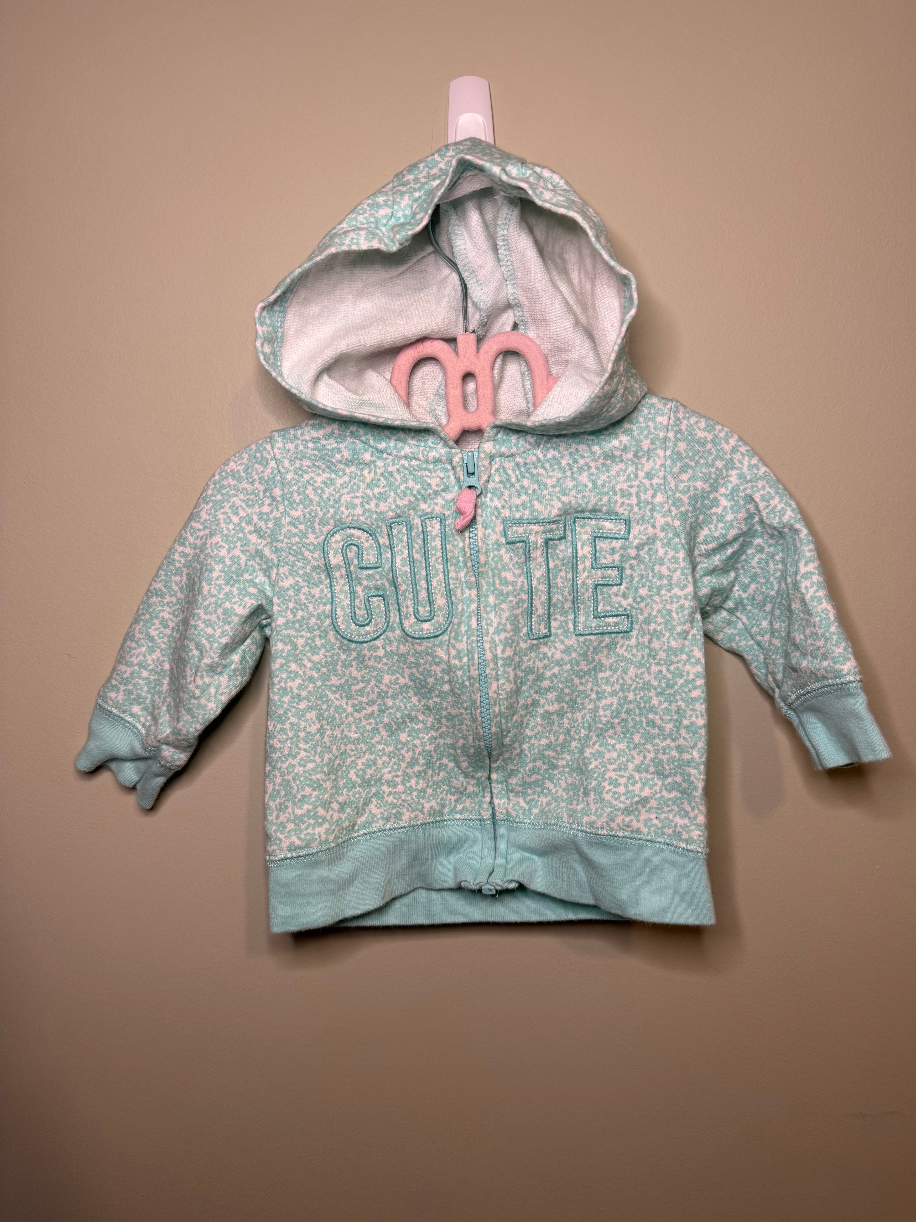 Carter’s Zip-Up Hoodie – 3 Months, Blue & White Floral with “Cute”
