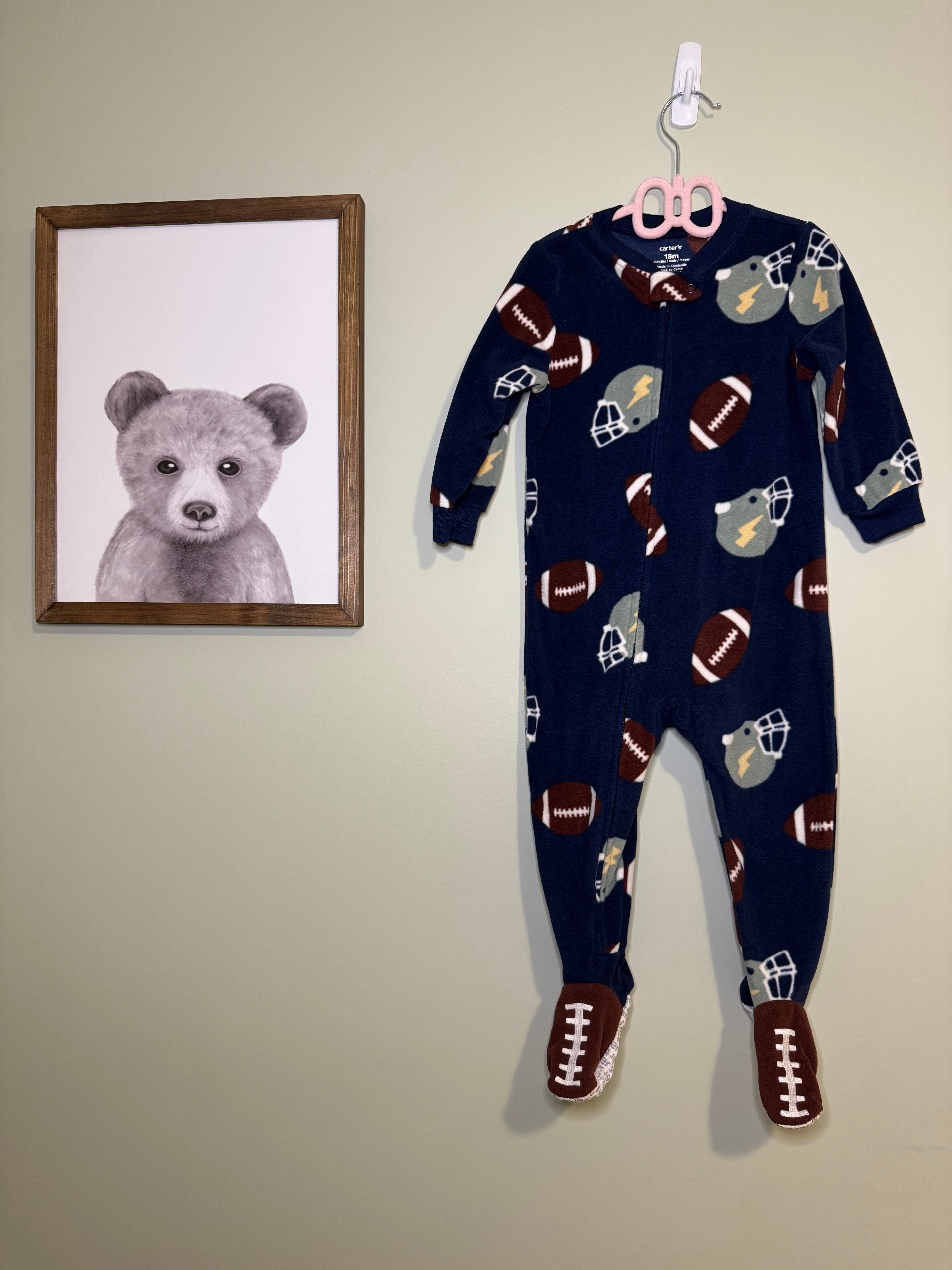 Carter’s – Footed Zipper Sleeper (Football Print, Navy) – 18M