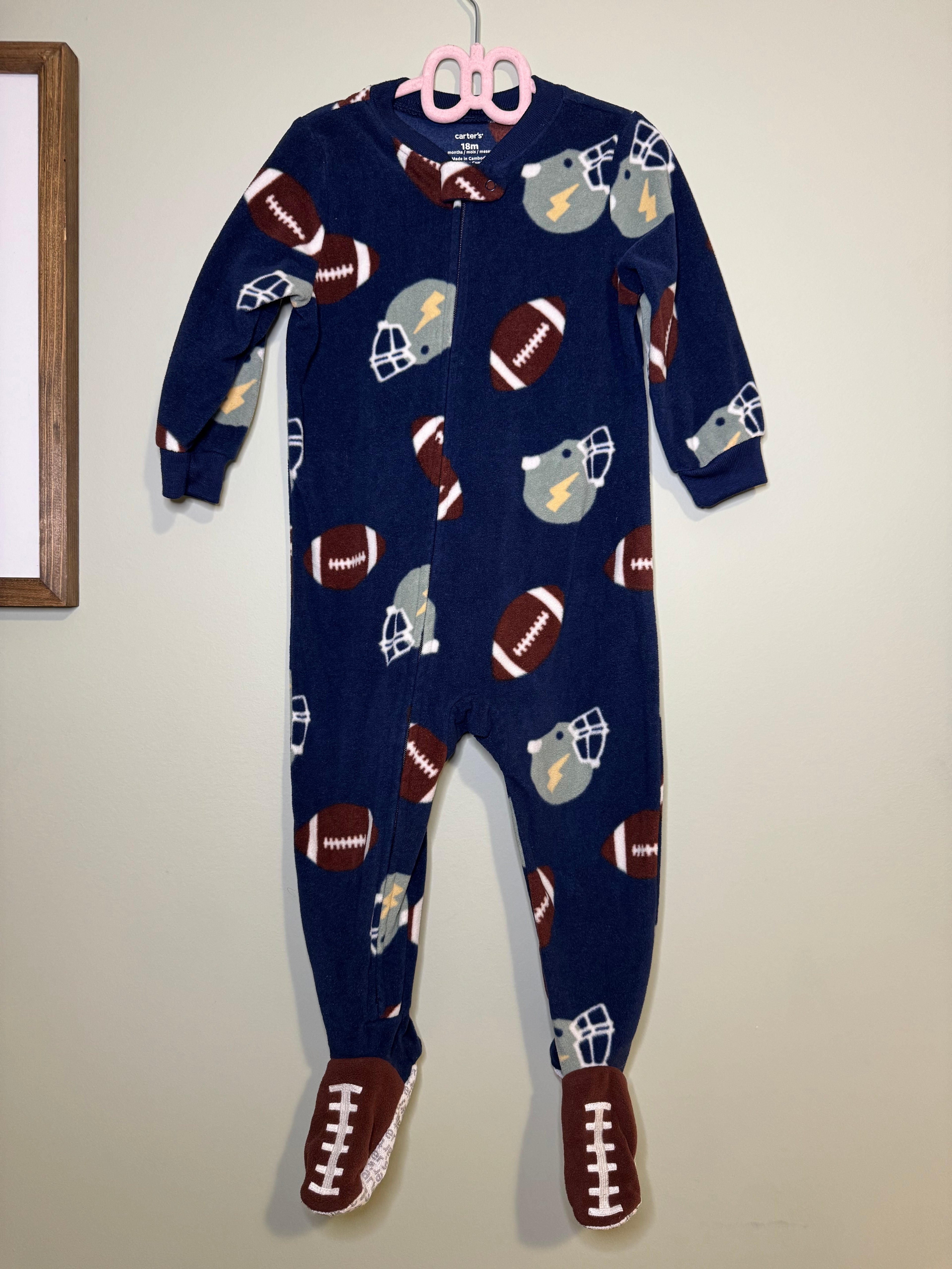 Carter’s – Footed Zipper Sleeper (Football Print, Navy) – 18M