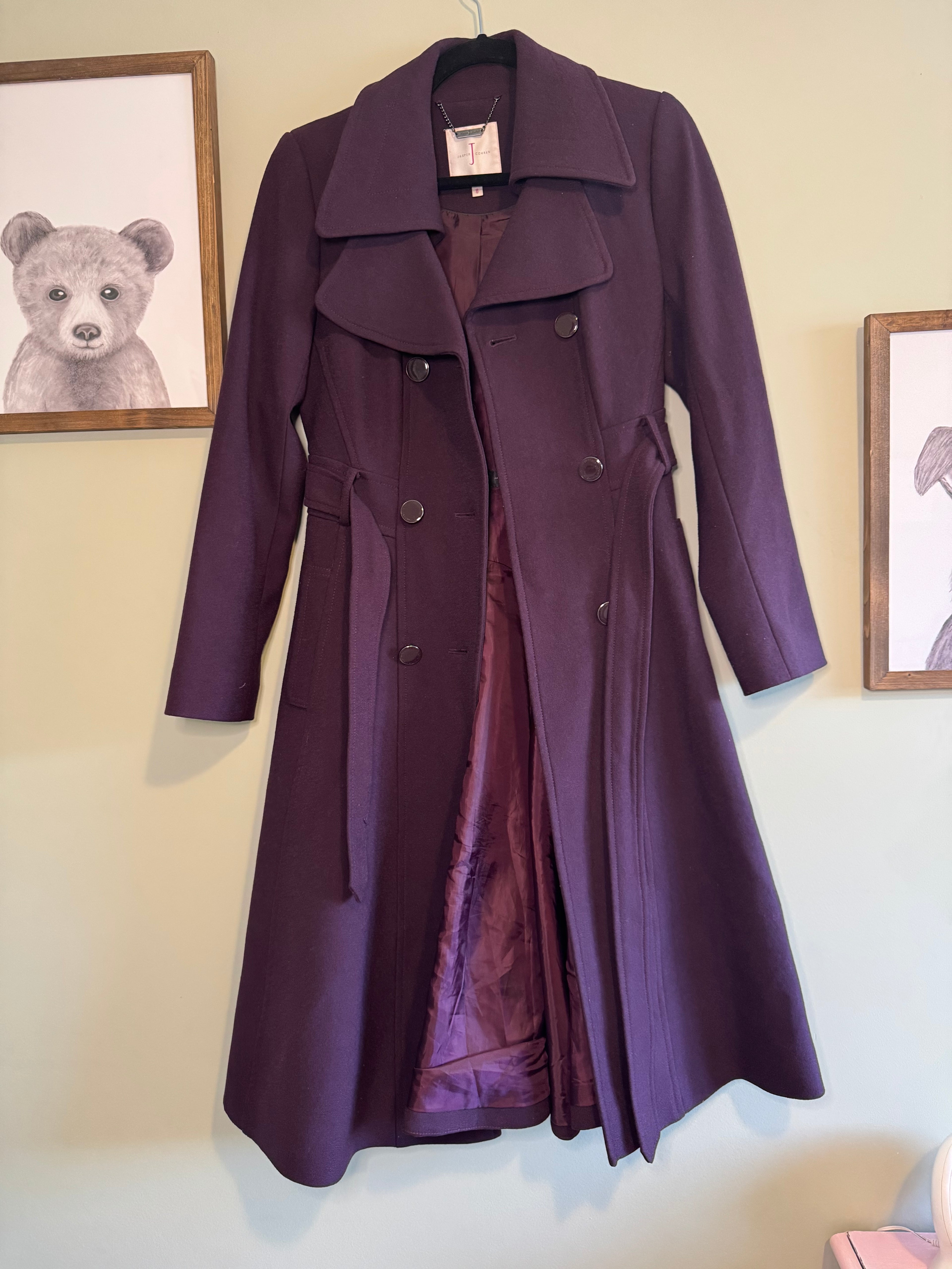 Jasper Conran – Plum Wool Blend Wrap Coat – Size 4 Women's