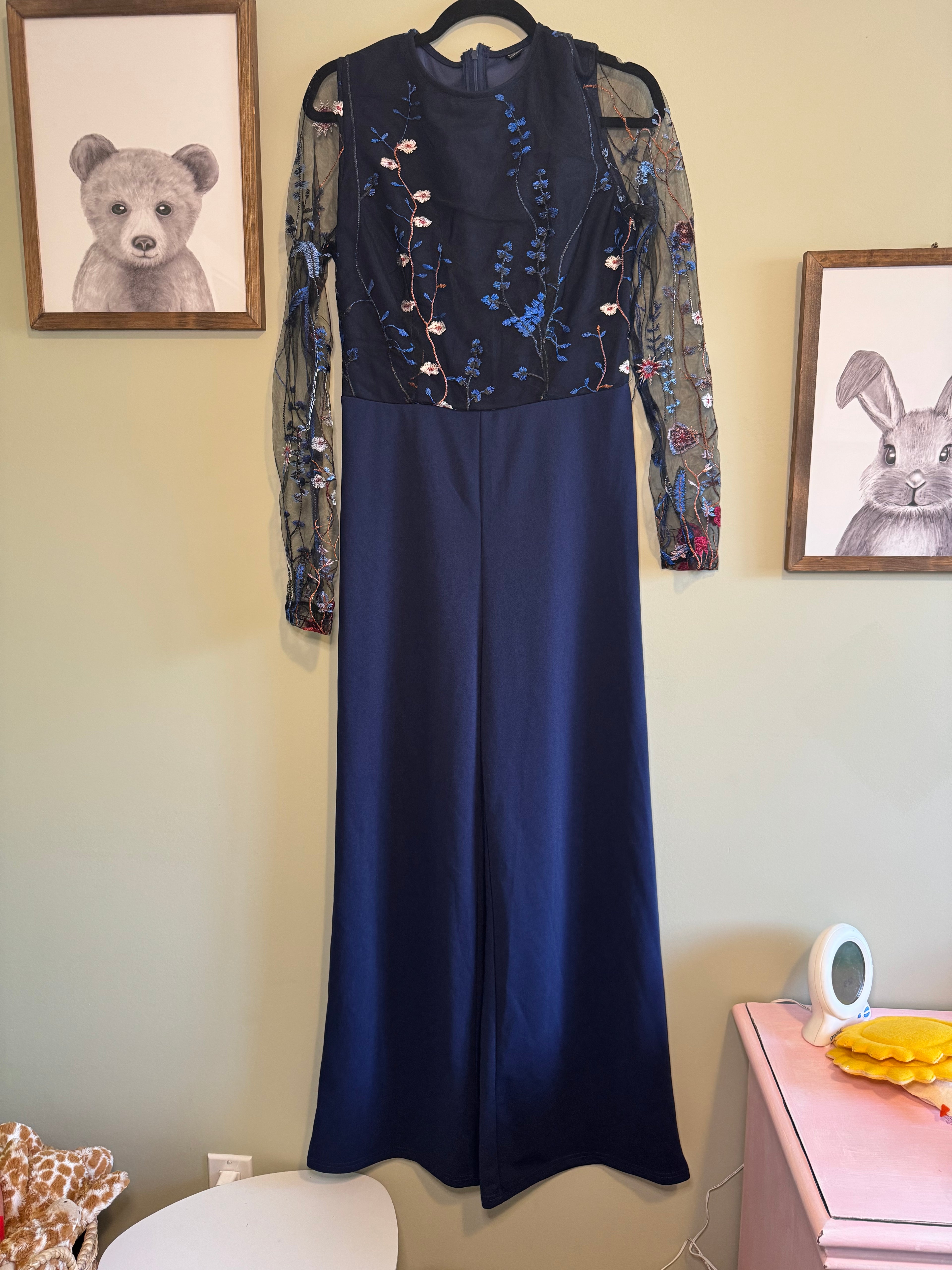 SHEIN – Navy Embroidered Mesh Sleeve Jumpsuit – Size L