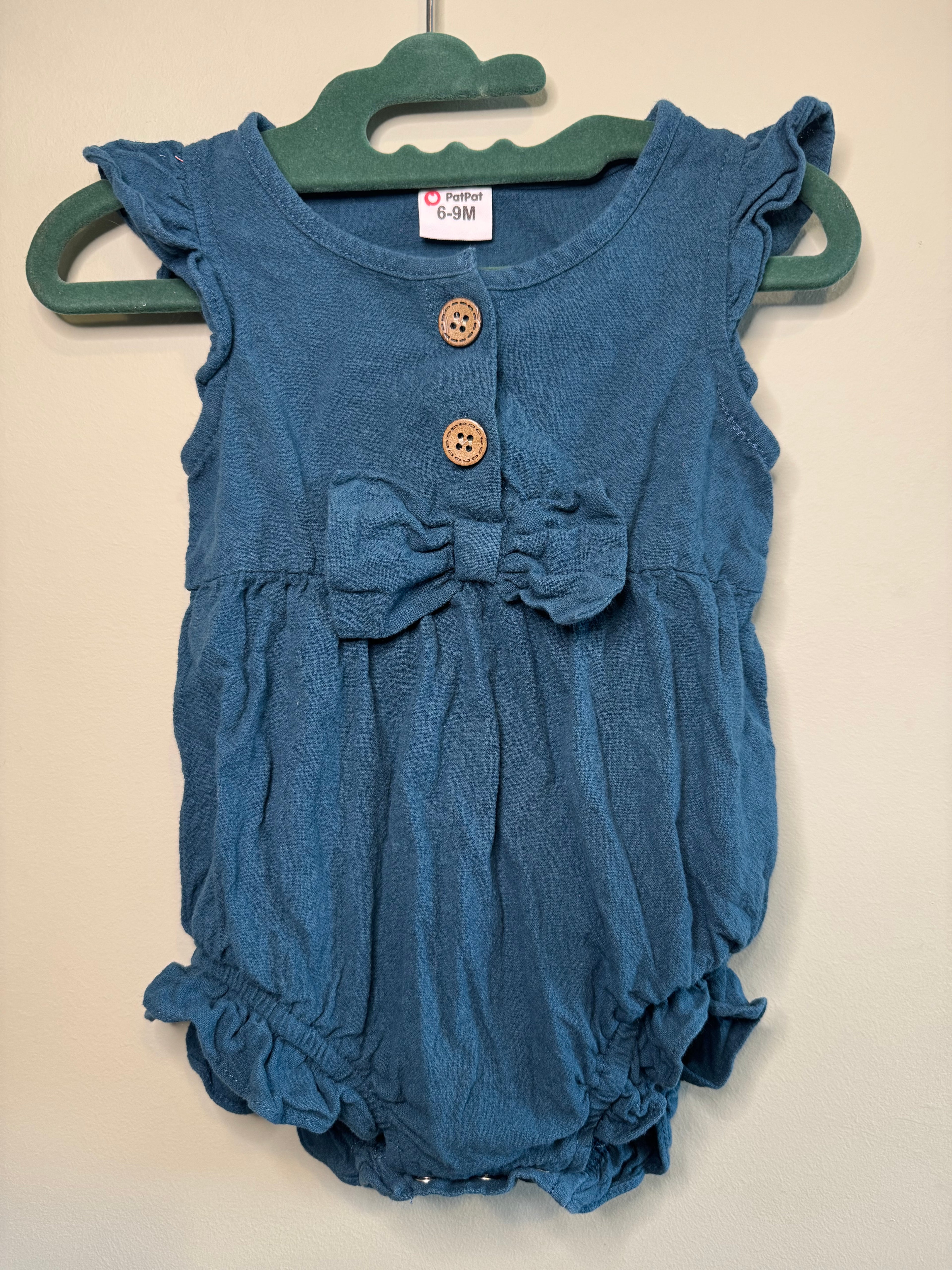 PatPat – Ruffle Sleeve Bubble Romper (Bow Detail) – 6–9M